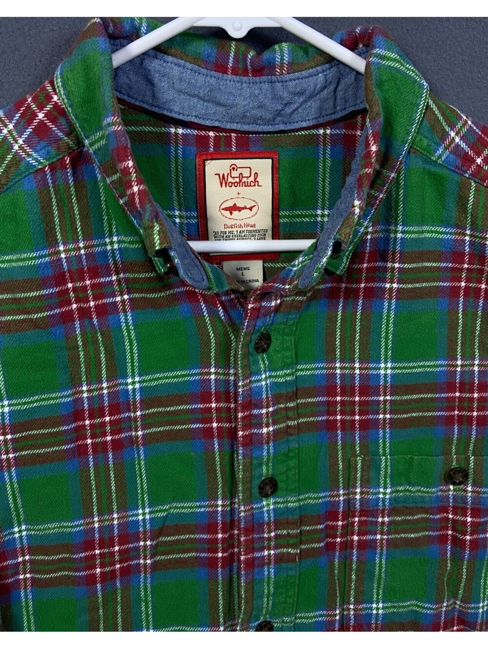 Woolrich Shirt Mens Large Green Flannel Button Up Dogfish Head Brewery Beer
